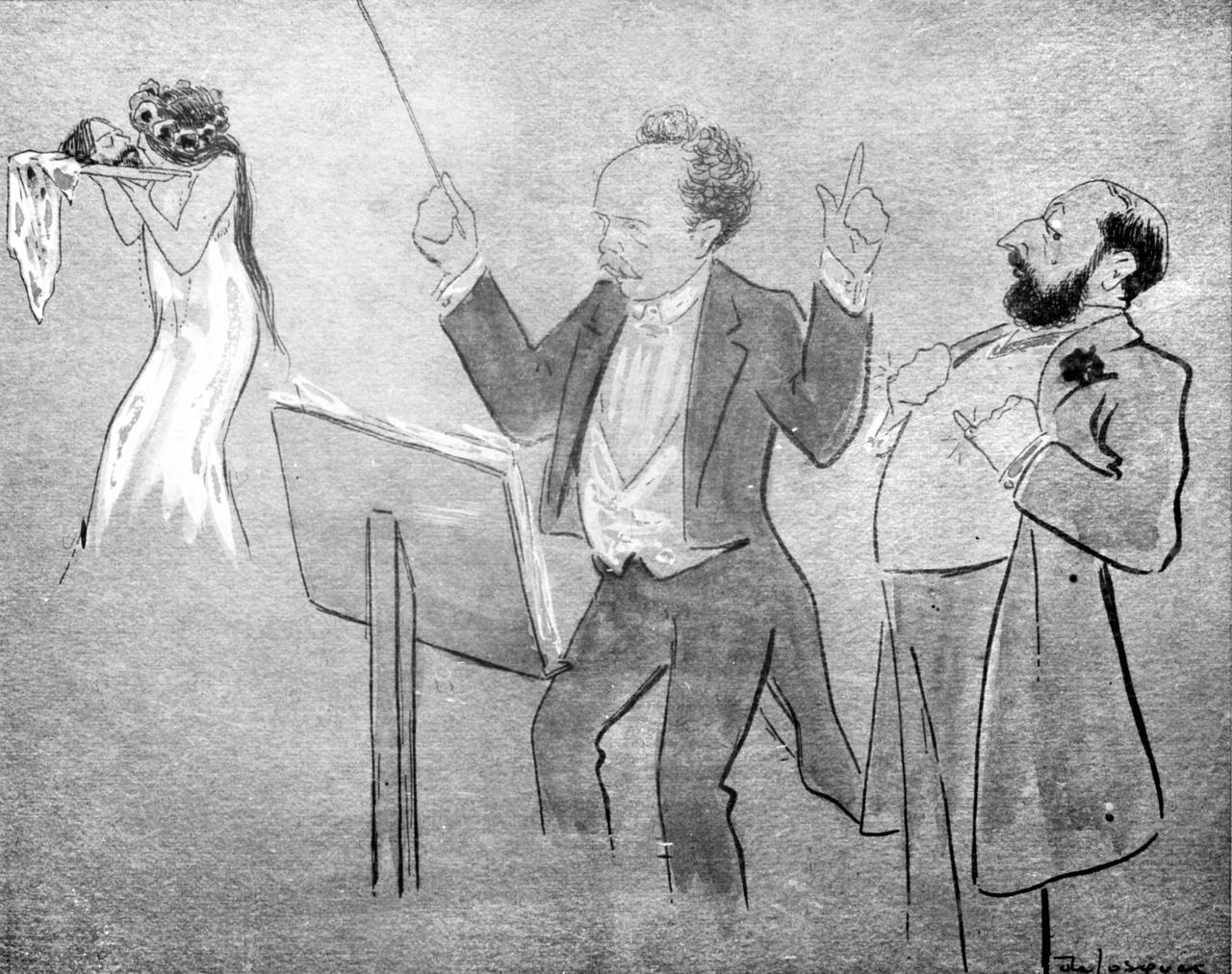 Richard Strauss dirigeant son opéra Salomé créé en 1905. Caricature de Daniel Thouroude de Losques. [AFP - Roger-Viollet]