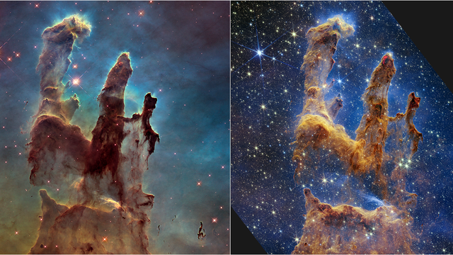 Deux télescopes spatiaux, deux visions différentes: à gauche, les Piliers de la Création capturés par Hubble en 2014 et à droite, par James Webb en 2022. [NASA, ESA, CSA, STScI, Hubble Heritage Project (STScI, AURA) - Image processing: Joseph DePasquale (STScI), Anton M. Koekemoer (STScI), Alyssa Pagan (STScI)]