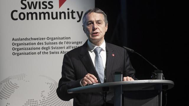 Ignazio Cassis devant les Suisses de l'étranger à Lugano, 20.08.2022. [Ti-Press/Keystone - Pablo Gianinazzi]