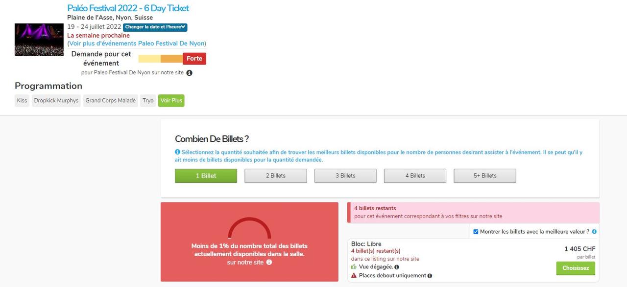 Capture d'écran du site Viagogo (11 juillet 2022, 16h45) pour l'achat d'un abonnement au Paléo Festival. [DR - Viagogo]