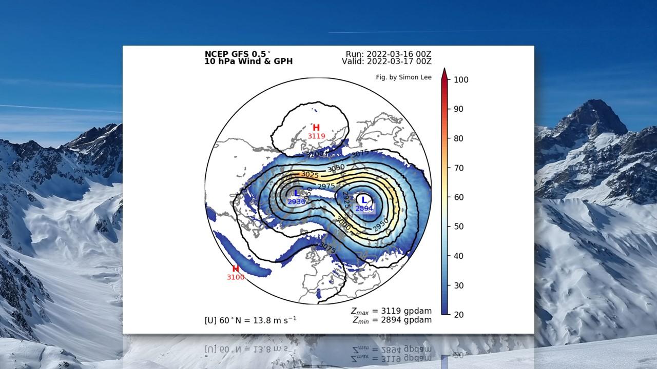 Répartition des pressions en altitude (10 hPa) le 16 mars 2022 [NCEP - Régis Donnet]