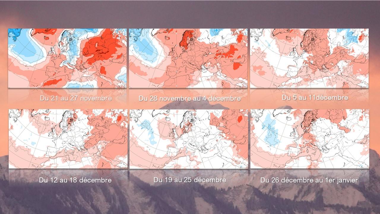 Anomalies de températures prévues par le Centre Européen de Prévisions à Moyen Terme (ECMWF) pour la période du 21 novembre 2022 au 1er janvier 2023. [ECMWF - Denise Amacher]