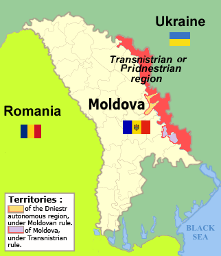 La Transnistrie est enclavée entre la Moldavie, dont elle a fait sécession, et l'Ukraine.