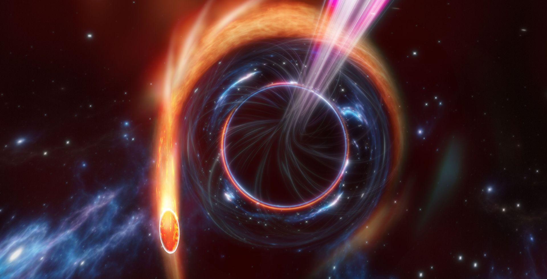 Une étoile dévorée par un trou noir supermassif, nommé un événement de rupture par effet de marée (TDE, Tidal Disruption Event). Ce qui fait de ce TDE un TDE très rare, c'est que lorsque le trou noir déchire l'étoile, deux jets de matière se déplaçant presque à la vitesse de la lumière sont lancés dans des directions opposées, produisant de la lumière dans toutes les longueurs d'onde. Les TDE à jets sont extrêmement rares et AT2022cmc, représenté ici, est le premier découvert avec un télescope optique. [Swinburne University of Technology - Carl Knox/OzGrav, ARC Centre of Excellence for Gravitational Wave Discovery]