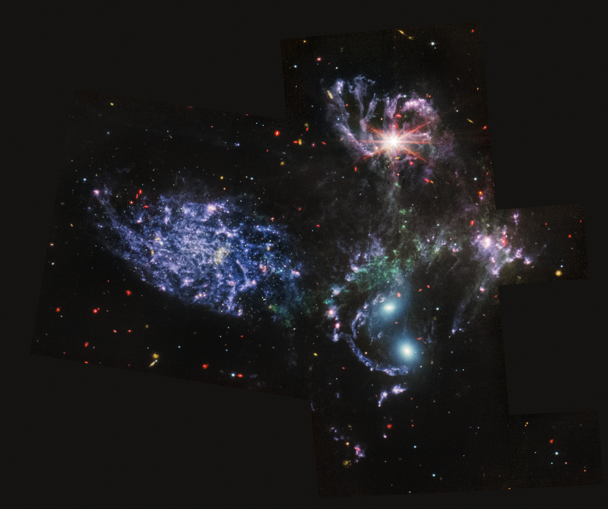 Le Quintette de Stephan vu uniquement en infrarouge moyen, grâce à l'instrument MIRI. Les spécialistes du traitement d'images ont utilisé les trois filtres MIRI et le rouge, le vert et le bleu pour différencier clairement les caractéristiques des galaxies les unes des autres, ainsi que les ondes de choc entre les elles. [NASA, ESA, CSA, STScI]