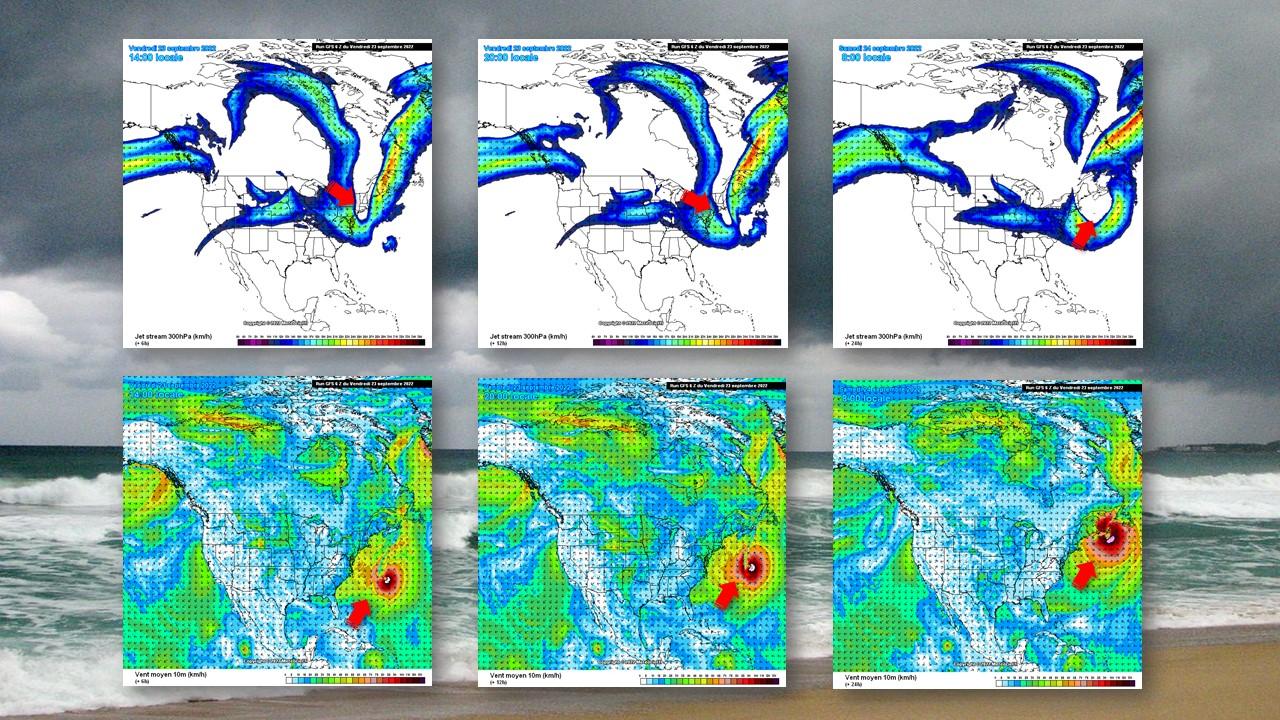 Position du jet stream (en haut) et vents au sol (en bas) le 23 septembre à 14h et à 20h, puis le 24 septembre à 8h. [NOAA-GFS/Météociel.fr - Flikr]