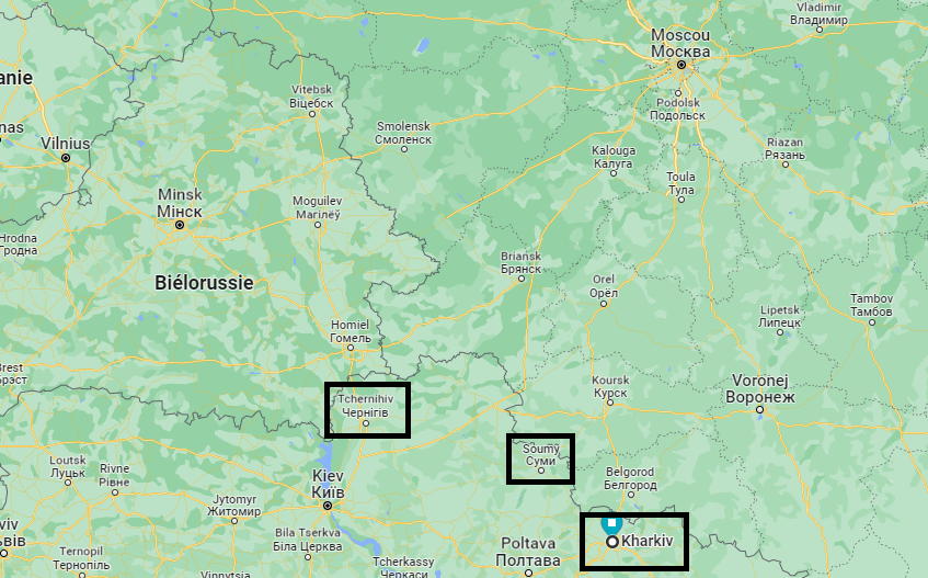 Les villes de Tcherchnihiv, Sumy et Kharkiv, situées aux frontièrees russes et biélorusses, sont capitales pour les transferts ferroviaires. [RTS - Google Map]