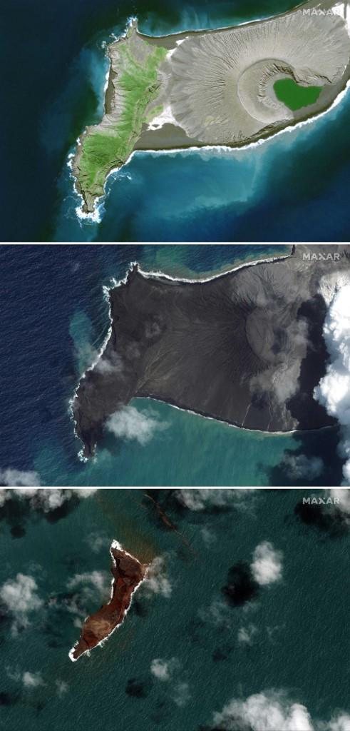 La partie ouest du volcan Hunga Tonga-Hunga Ha'apai, de haut en bas: le 10 avril 2021, le 6 janvier 2022 en train d'émettre de la fumée et des cendres, le 18 janvier 2022, trois jours après son éruption massive. [AFP - Satellite image ©2022 Maxar Technologies]