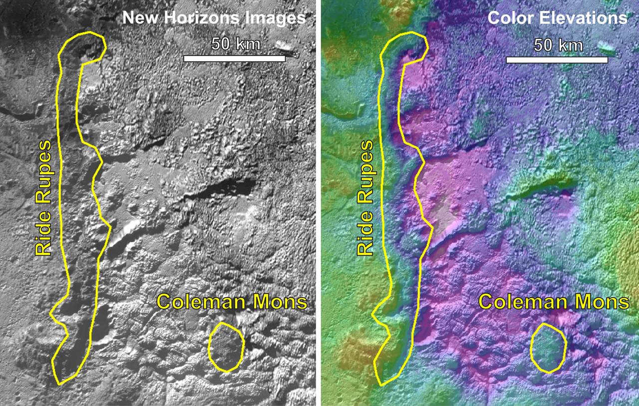 Coleman Mons, l'un des dômes volcaniques probablement les plus récemment formés. Ride Rupes, l'une des falaises les plus hautes et les plus longues de Pluton. [NASA/Johns Hopkins University Applied Physics Laboratory - Southwest Research Institute/Kelsi Singer]