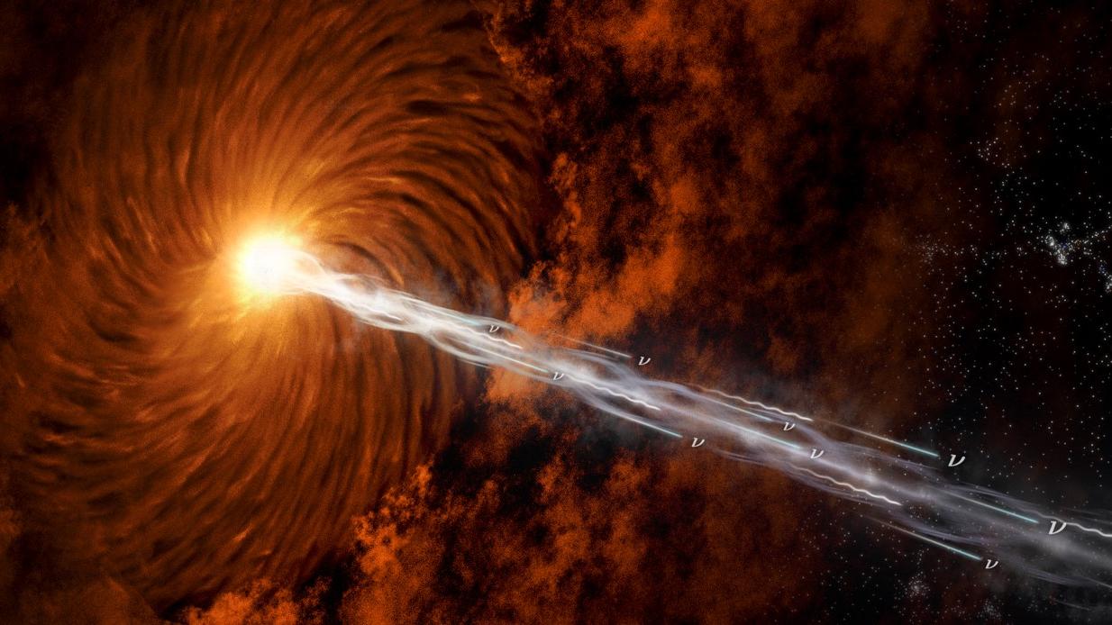 Vue d'artiste d'un blazar accélérant les rayons cosmiques, les neutrinos et les photons, comme observé dans les blazars PeVatron. [UNIGE - Benjamin Amend]