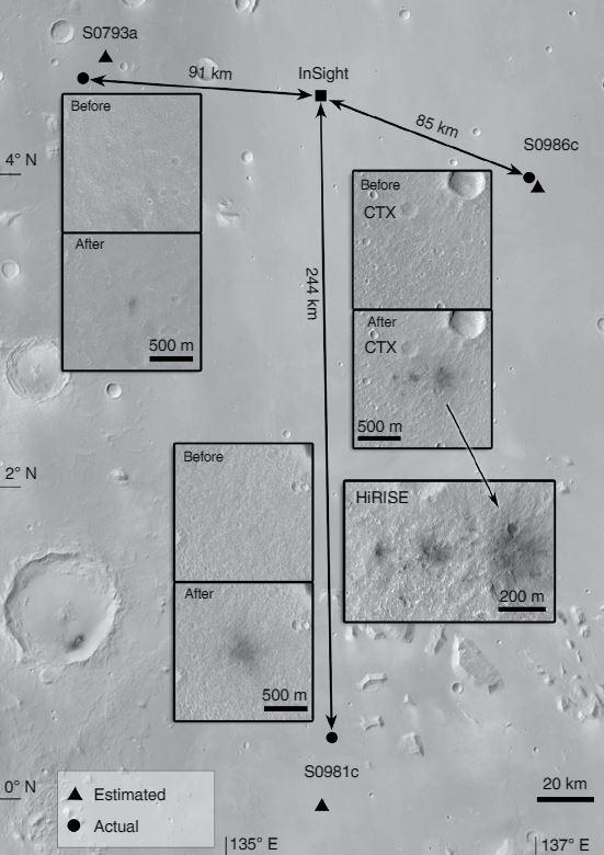 L'imageur CTX du MRO a repéré les poussières soulevées par les trois nouveaux impacts de météorites grâce aux calculs des emplacements estimés (triangles). Puis HiRise a pris des images plus rapprochées aux positions exactes (ronds). [Raphaël Garcia & al./Nature Geoscience - NASA/JPL/MSSS/U Arizona]