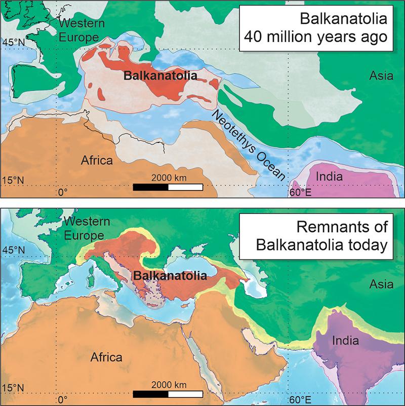 La Balkanatolie il y a 40 millions d'années et aujourd'hui. [CNRS - Alexis Licht & Grégoire Métais]