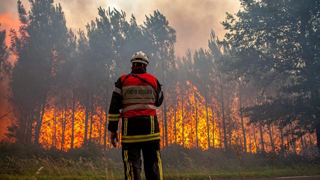 Samedi 16 juillet: un pompier face aux flammes à Landiras, en Gironde. [Keystone - SDIS 33 via AP]