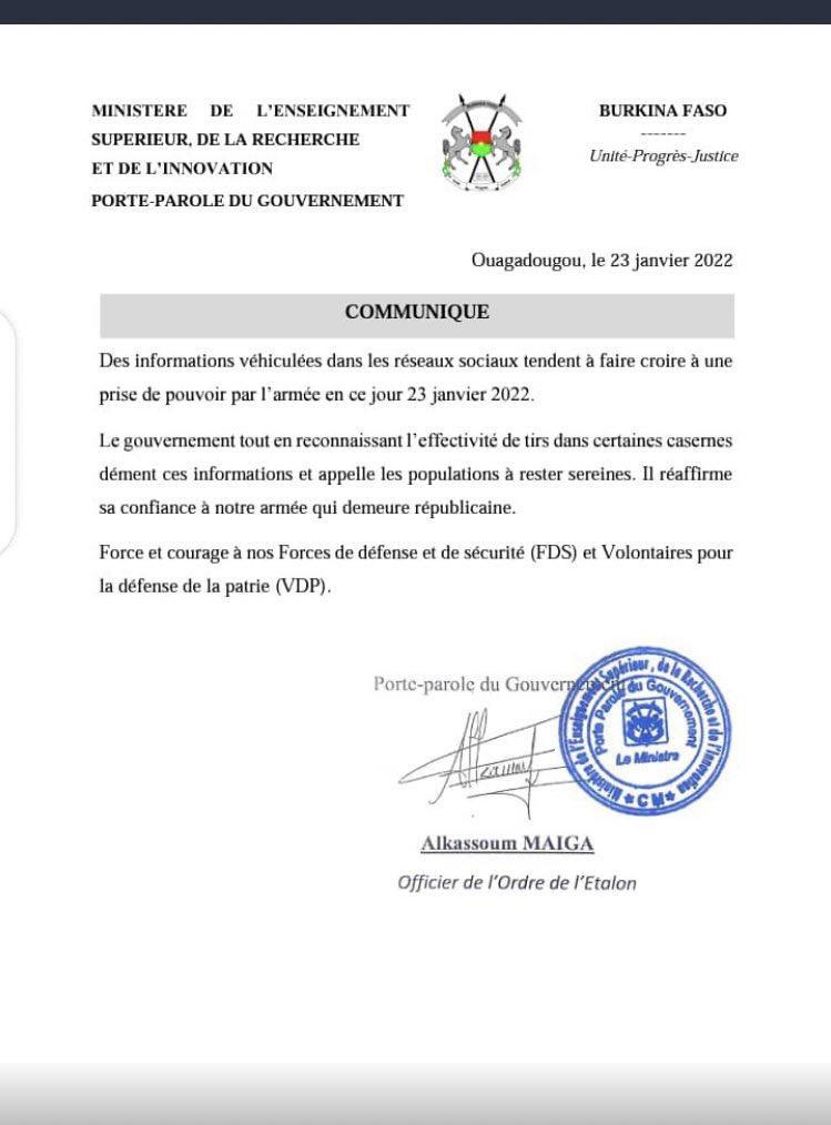 Le communiqué du porte-parole du gouvernement burkinabè. [Gouvernement du Burkina Faso]