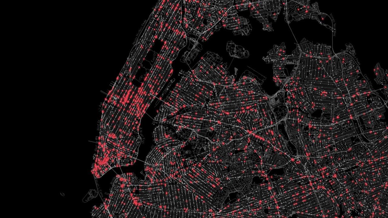Les caméras de surveillance publiques en rouge et les caméras privées en blanc en ville de New York. [amnesty.org]