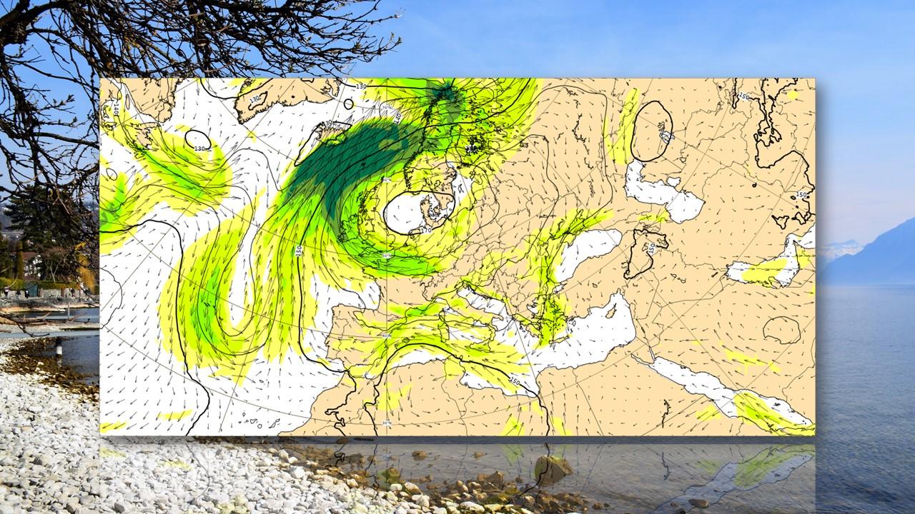 Circulation des courants à 850 hPa (1500m) prévue par le modèle européen (ECMWF) pour le samedi 19 mars à 6h UTC. [ECMWF/RTS - Marie-Louise Giroud]