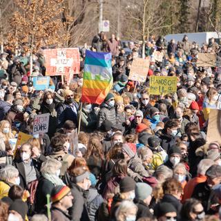 Une manifestation en soutient à l'Ukraine en Suisse. [Keystone - Manuel Lopez]