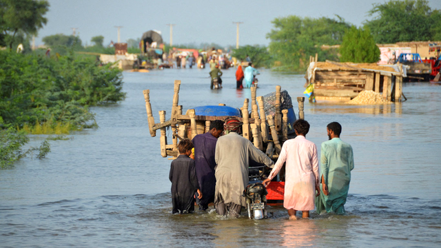 Terres et routes inondées à Sohbatpur, au Pakistan, 28.08.2022. [Reuters - Amer Hussain]