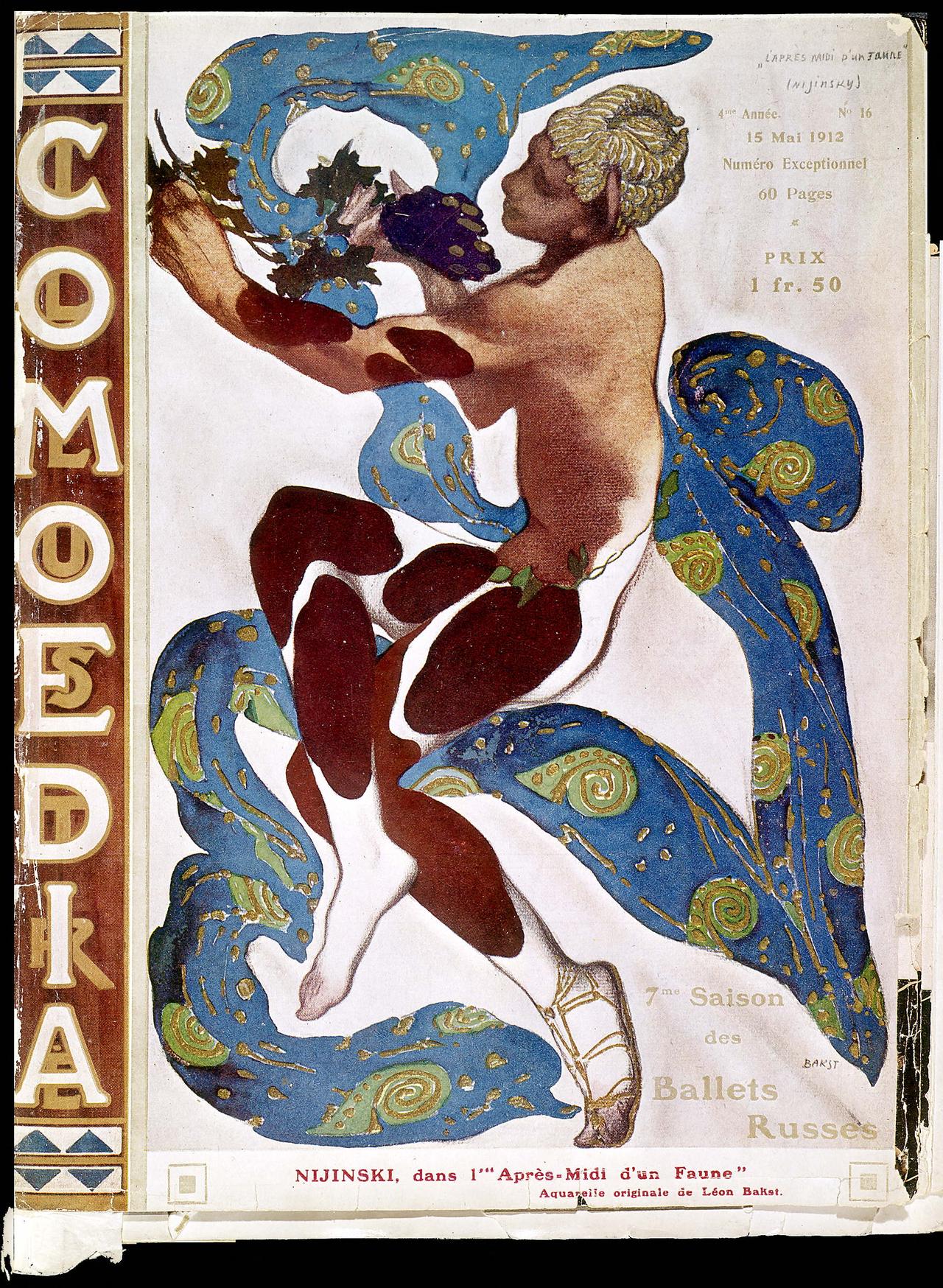 Vaslav Nijinsky dans l'"Après-midi d'un faune". Aquarelle de Léon Bakst pour la couverture de la revue "Comoedia" de la 7e saison des Ballets russes. Paris, 1912. [AFP - Roger-Viollet]