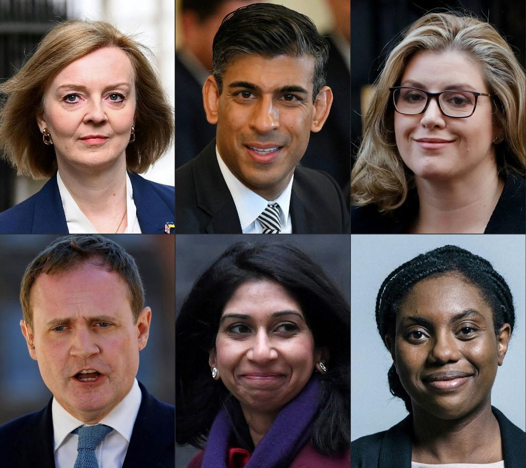 Les six candidats encore en lice. En haut, de gauche à droite: Liz Truss, Rishi Sunak, Penny Mordaunt. En bas, de gauche à droite: Tom Tugendhat, Suella Braverman, Kemi Badenoch. [UK Parliament - AFP]