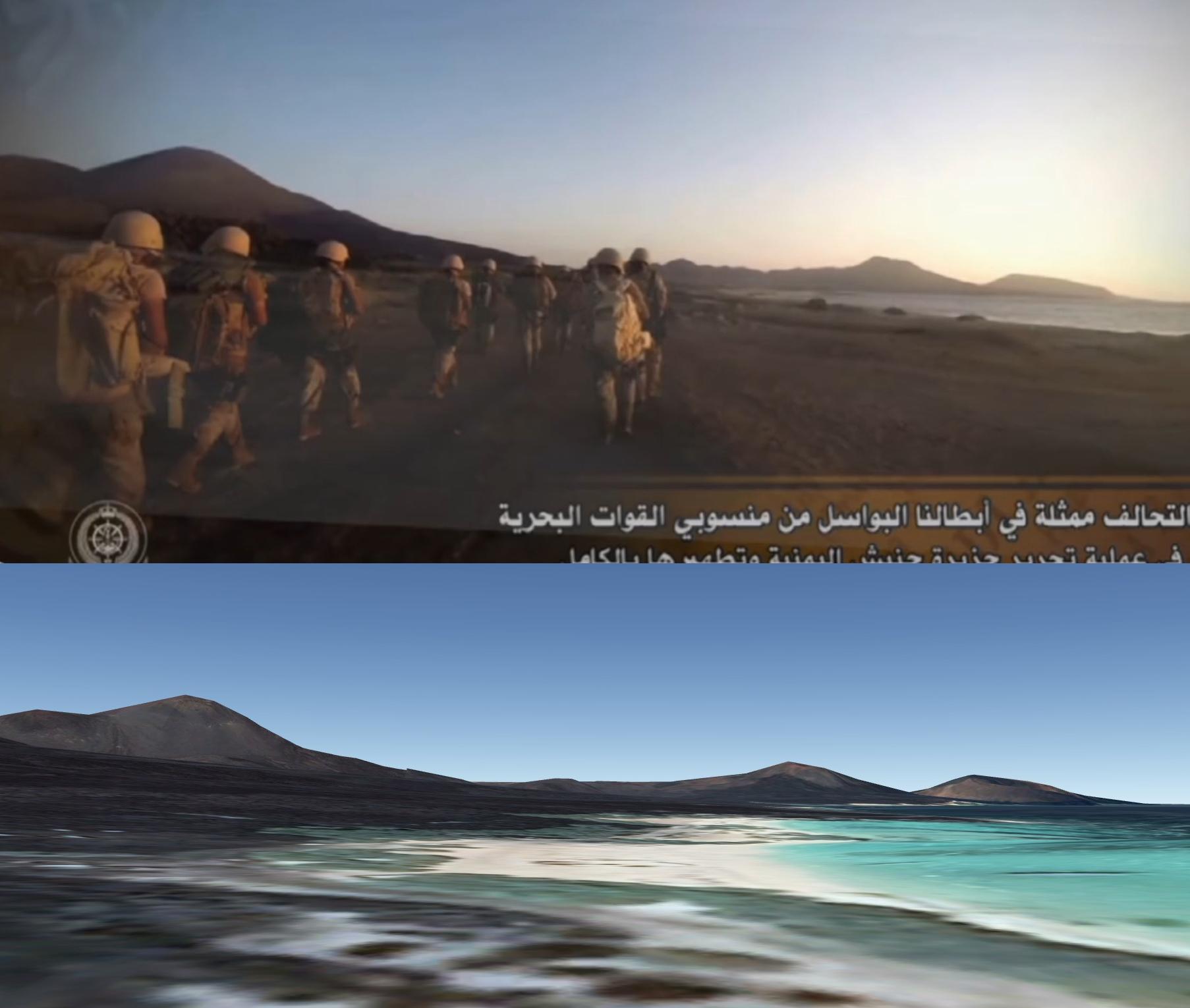 La progression de la troupe au sol confirme elle aussi que ces soldats se trouve sur l’archipel Hanish, en territoire yéménite. [Google Earth]