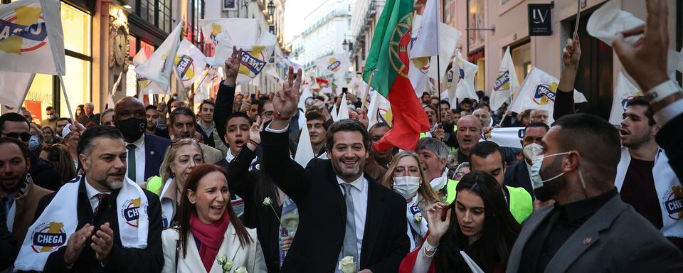 Andre Ventura leader du parti d'extrême droite Chega à Lisbonne le 28 janvier 2022. [EPA/Keystone - Rodrigo Antunes]