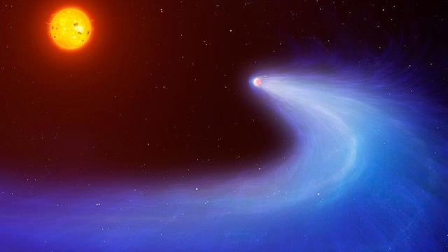 Un gigantesque nuage d'hydrogène, semblable à une comète, s'échappe de l'exoplanète de type Neptune-chaude, GJ 436b. [Université de Warwick - Mark Garlick (vue d'artiste)]