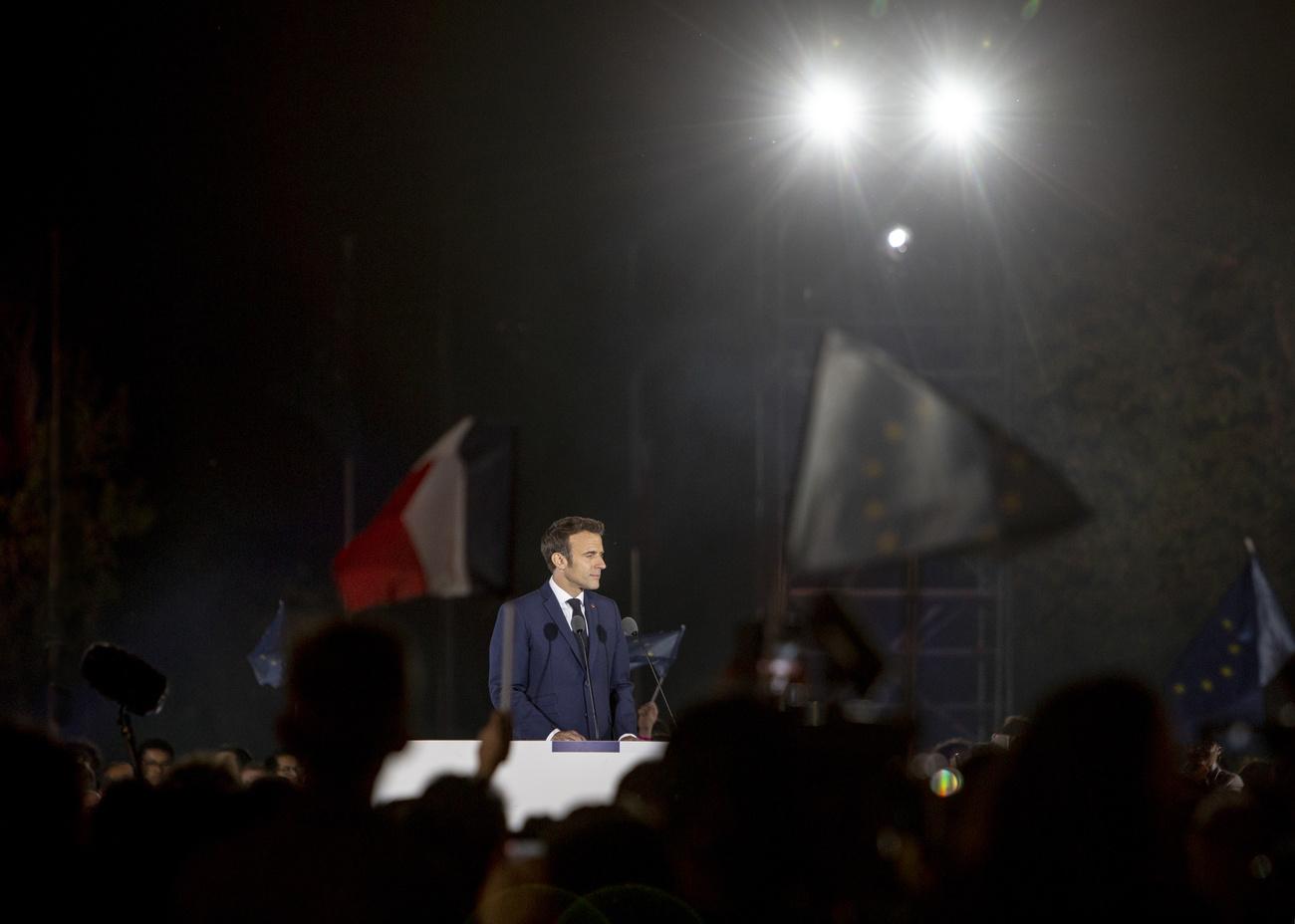 Emmanuel Macron après sa victoire dimanche soir. [Keystone - Rafael Yaghobzadeh]