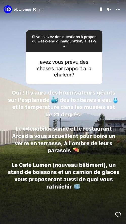 Face aux températures annoncées ce week-end, Plateforme 10 annonce qu'il va prendre des mesures pour les deux jours inauguraux. [INSTAGRAM - PLATEFORME 10]