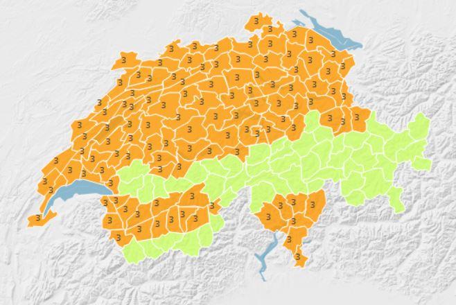 Les régions en alerte canicule de niveau 3 sur 4. [MétéoSuisse]