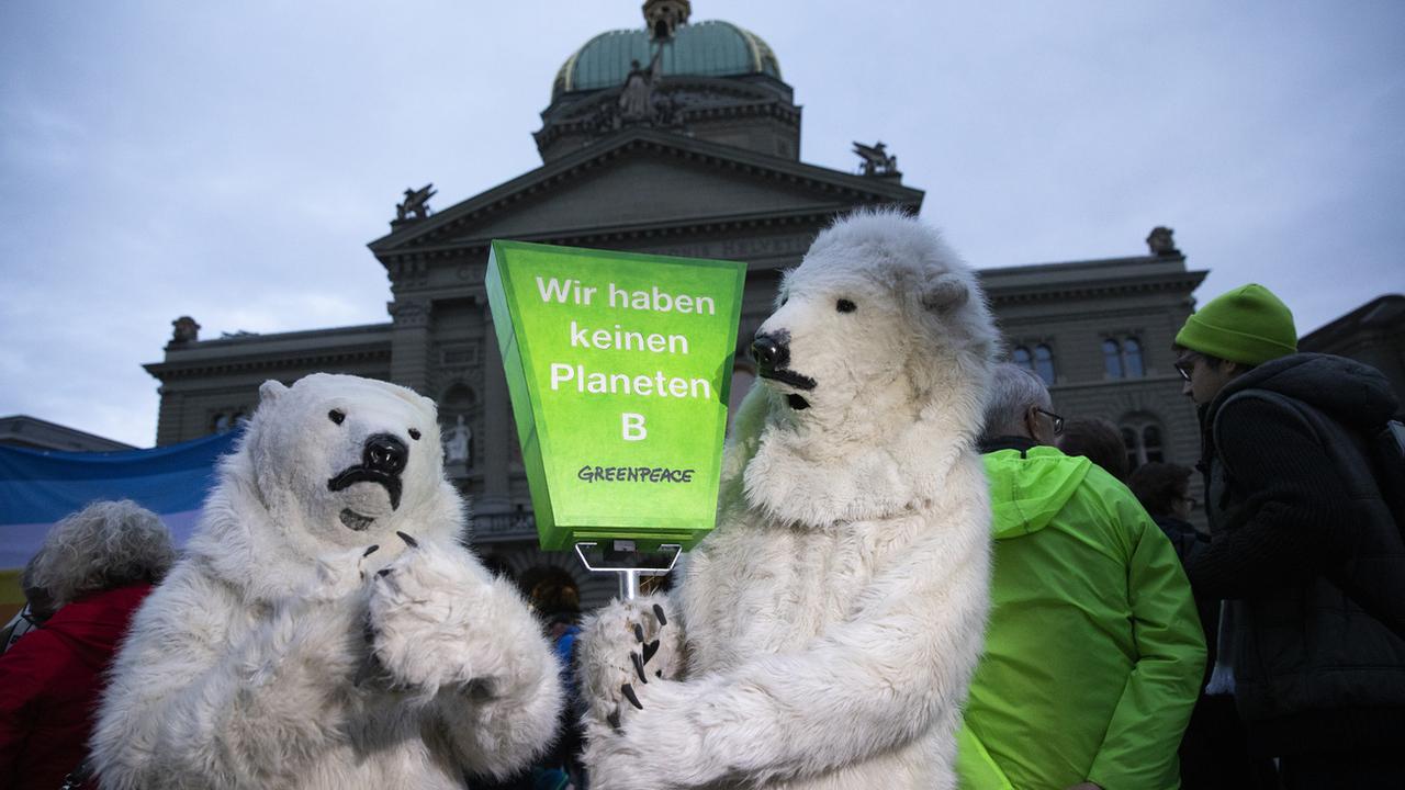 Deux manifestants déguisés en ours polaires lors du dépôt de l'initiative pour la protection des glaciers le 27 novembre 2019 devant le palais fédéral à Berne. [Keystone - PETER KLAUNZER]