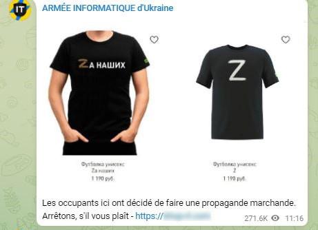 Un message publié sur Telegram par l'IT Army of Ukraine. Il est demandé aux hackers d'empêcher la vente des produits pro-russes sur le site du média RT (traduit avec l'outil automatique de Google). [Wassmer, Pascal (RTS)]