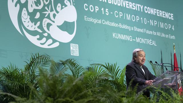 Le secfrétaire général de l'ONU Antonio Guterres à l'ouverture officielle de la COP15 sur la biodiversité à Montréal, 06.12.2022. [The Canadian Press/AP/Keystone - Paul Chiasson]