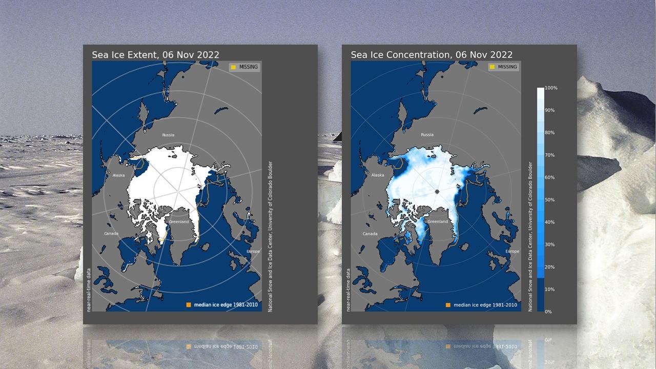 Extension et concentration de la glace sur le pôle Nord le 6 novembre 2022 [NSIDC - Matti and Ketti/Wikipedia]