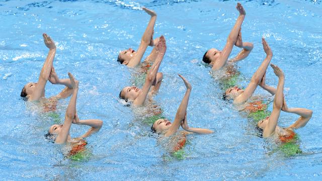 L'équipe de Suisse de natation synchronisée, avec notamment Joelle Peschl, lors des Européens 2016 à Londres. [Andrea Staccioli]