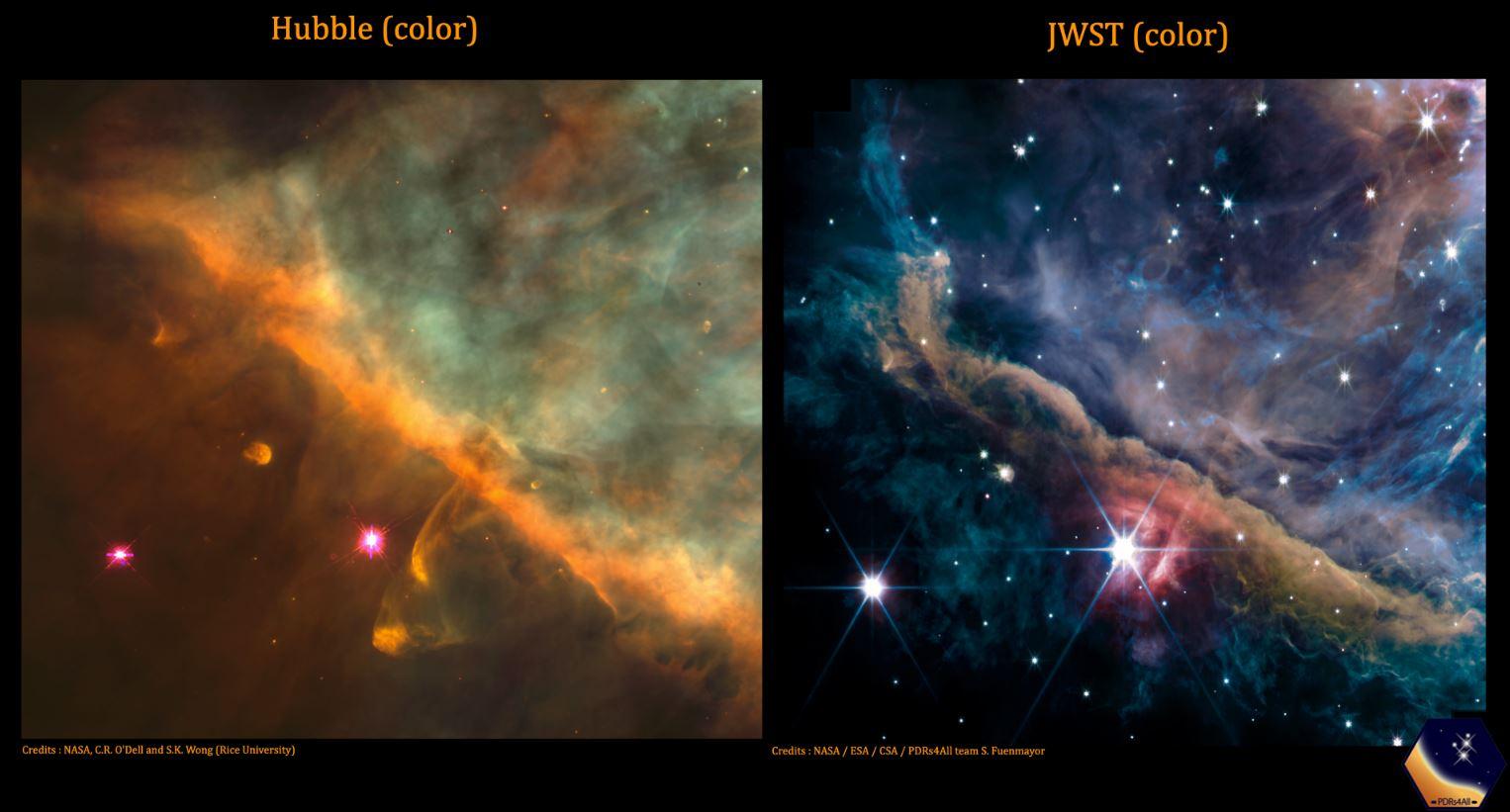 La région interne de la nébuleuse d'Orion vue par les télescopes spatiaux Hubble (à gauche) et James Webb (à droite). [NASA/ESA/CSA - PDRs4All ERS Team/Salomé Fuenmayor/Olivier Berné]