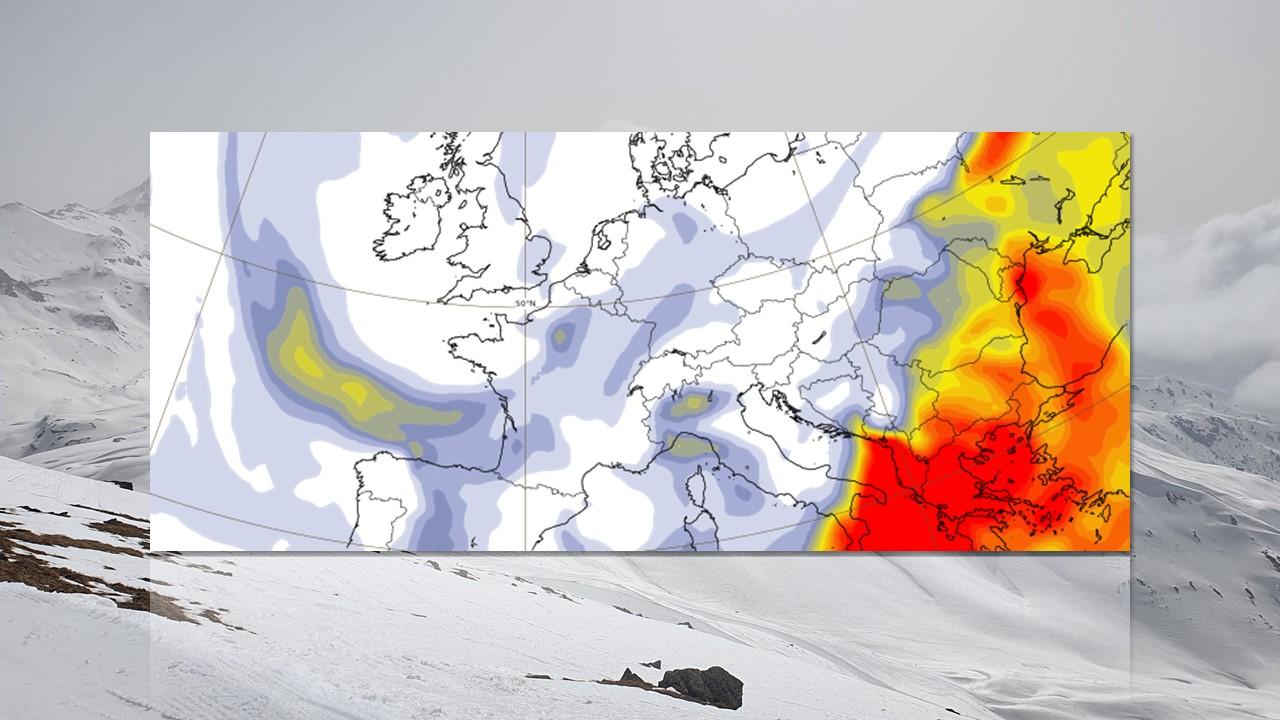 Concentrations de particules dans le ciel, prévue par le modèle européen (ECMWF) le 31 mars 2022 à 12h UTC [ECMWF/Copernicus/RTS - Loris Caruso]