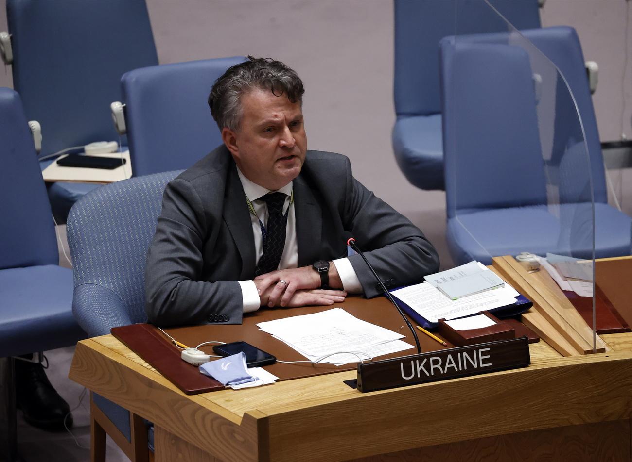 L'ambassadeur d'Ukraine à l'ONU Sergiy Kyslytsya. [Keystone - EPA/Jason Szenes]