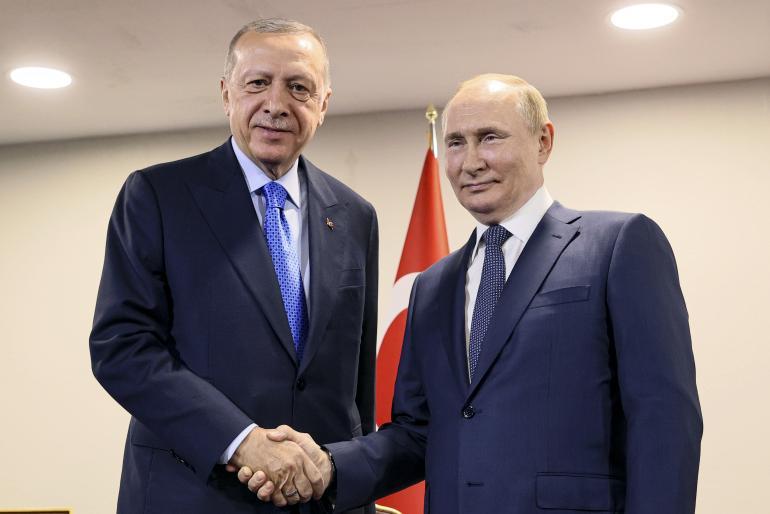 Le président russe Vladimir Poutine a évoqué mardi des progrès dans les négociations pour l'exportation des céréales d'Ukraine via la mer Noire et remercié son homologue turc Recep Tayyip Erdogan [AFP]