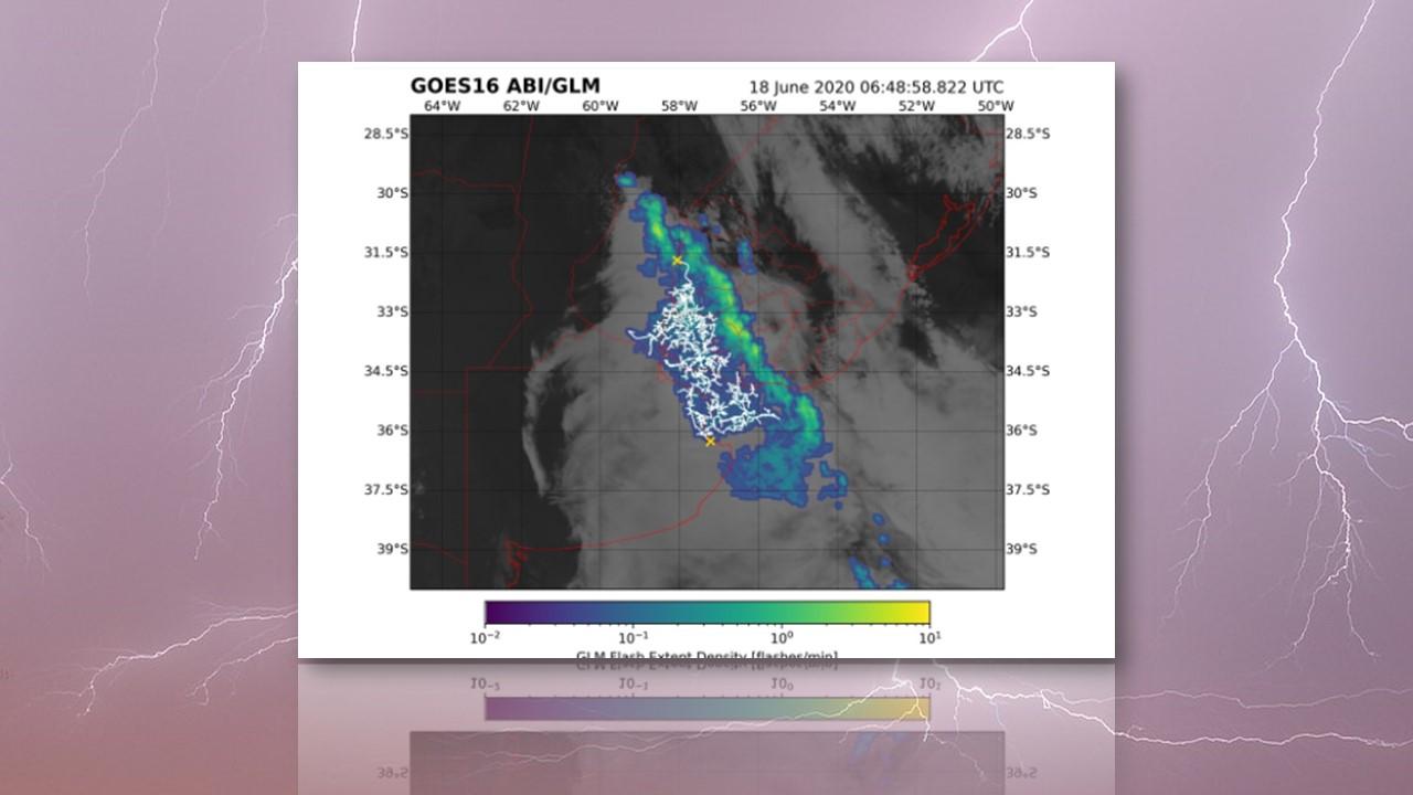 Image satellite de l'éclair observé au-dessus de l’Uruguay et du nord de l’Argentine le 18 juin 2020 [NOAA - Wikipedia/Thomas Bresson]