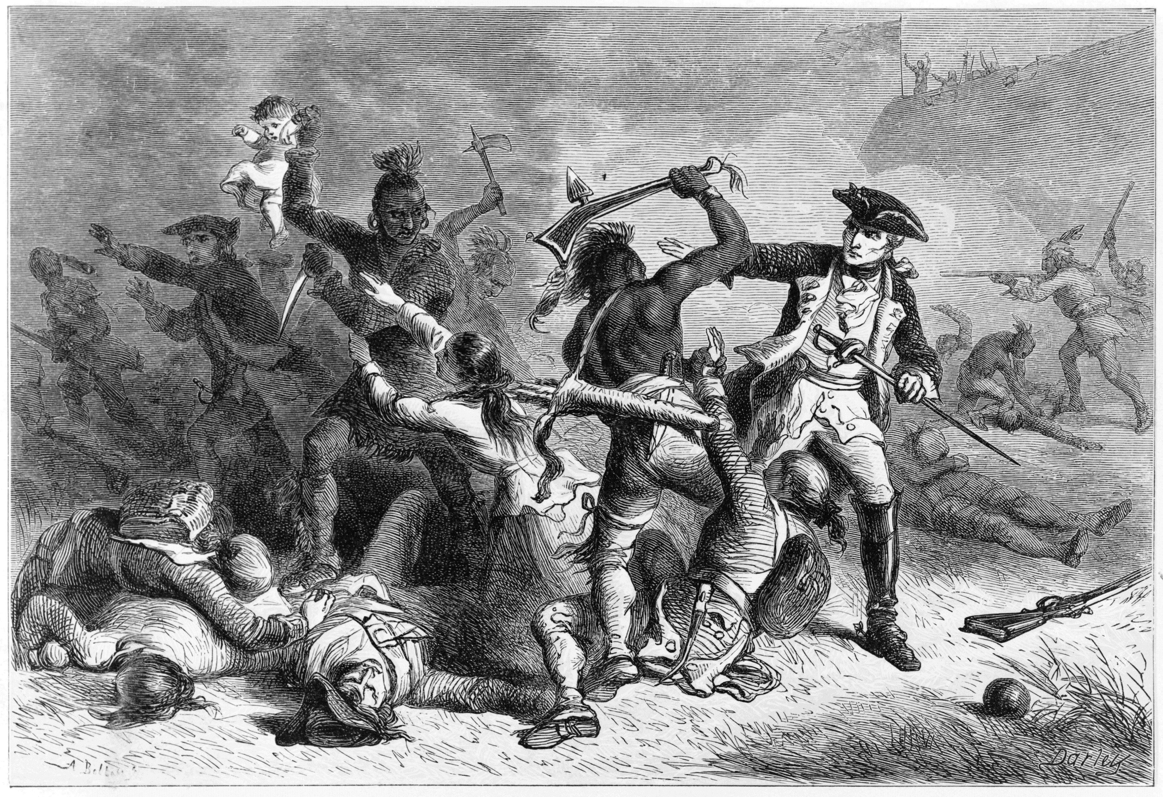 Le lieutenant-général français Montcalm essayant d’empêcher l’attaque des Hurons sur les soldats et civils après la reddition du fort de Fort William Henry en 1757. Gravure réalisée par Alfred Bobbett vers 1824. [DP]