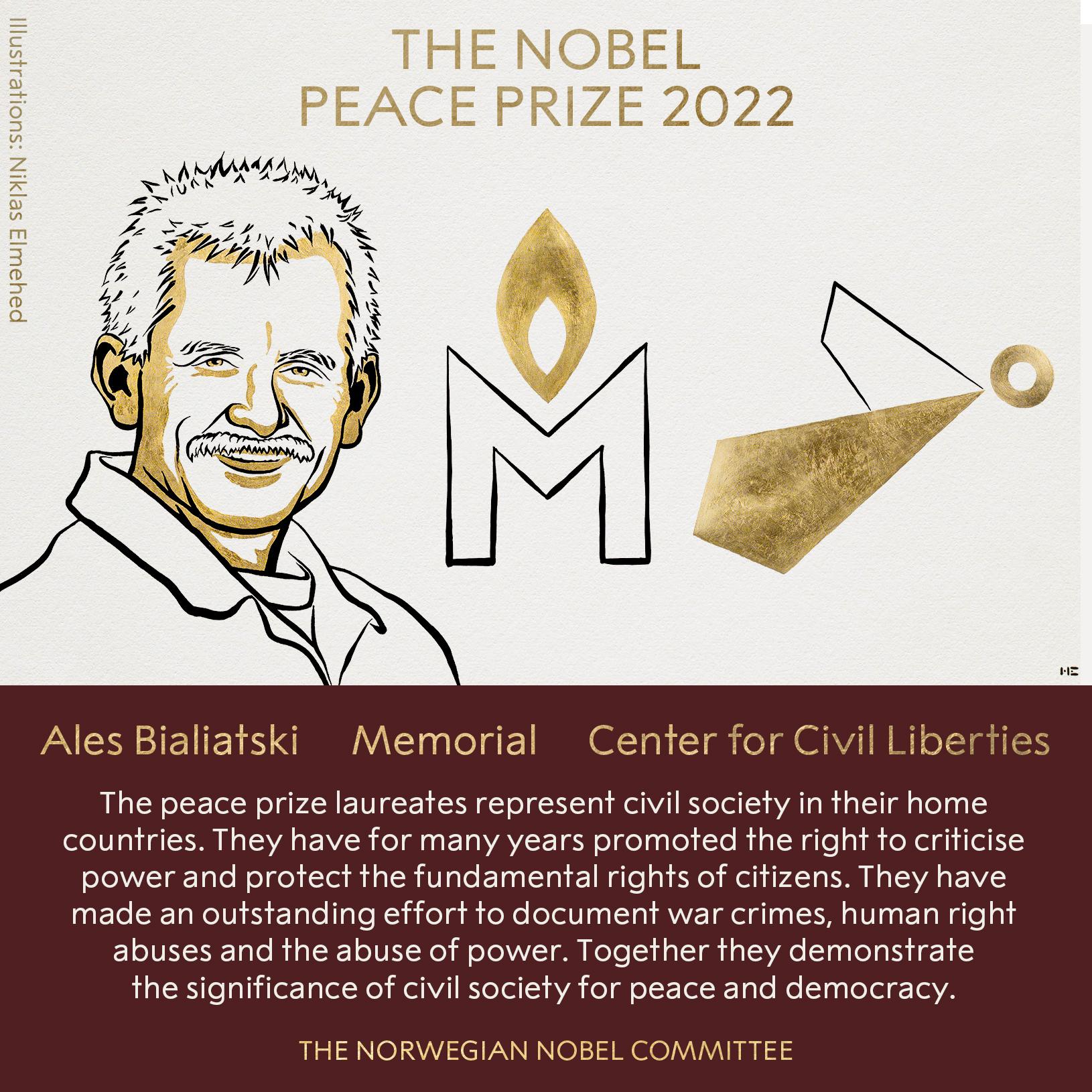 Le prix Nobel de la paix 2022 a été remis au Biélorusse Ales Bialiatski, à l'ONG russe Memorial et au CCL ukrainien. [THE NOBEL PRIZE - NIKLAS ELMEHED]