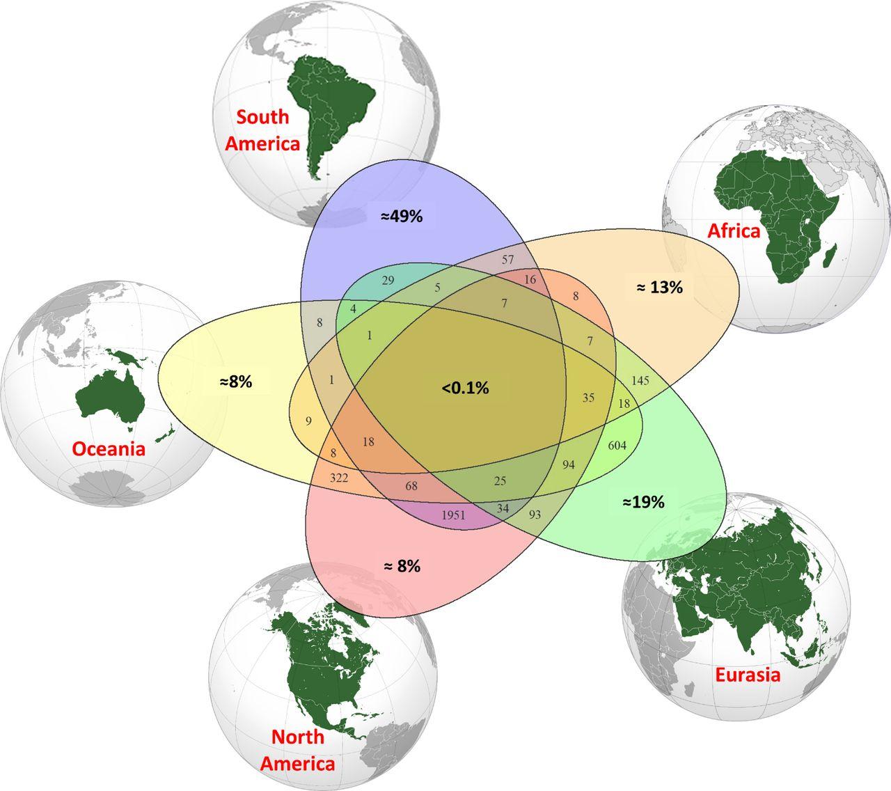 Estimations du pourcentage d'endémies continentales par rapport à la richesse estimée par continent et aux espèces partagées entre les continents (nombres dans les ensembles superposés). Au centre, le pourcentage d'espèces partagées entre les cinq continents. [PNAS - Roberto Cazzolla Gatti et al.]