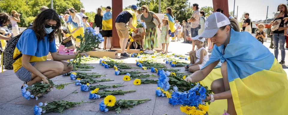 Des manifestations à Genève contre les bombardements en Ukraine. [Keystone - Martial Trezzini]