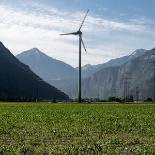 L'éolienne Cime de l'est, haute de 100 mètres, dont les pales s'élèvent à 134 mètres du sol et qui produit 2 MW d'énergie électrique, est photographiée entre les pylônes du réseau électrique à haute tension, ce lundi 1er juillet 2019, à Collonges, en Valais. [KEYSTONE - Laurent Darbellay]