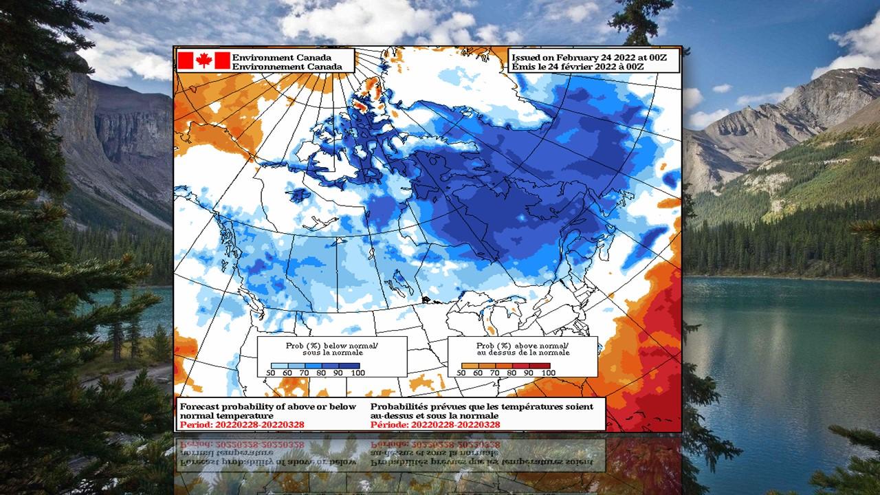 Anomalies de températures sur le Nord du continent américain pour mars 2022, prévues par Environnement Canada. [Environnement Canada]