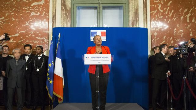 L'ancienne ministre française de la Justice Christiane Taubira prononce un discours au ministère de la Justice à Paris, France, le 27 janvier 2016. [EPA/KEYSTONE - GEOFFROY VAN DER HASSELT]