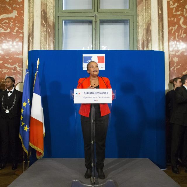 L'ancienne ministre française de la Justice Christiane Taubira prononce un discours au ministère de la Justice à Paris, France, le 27 janvier 2016. [EPA/KEYSTONE - GEOFFROY VAN DER HASSELT]