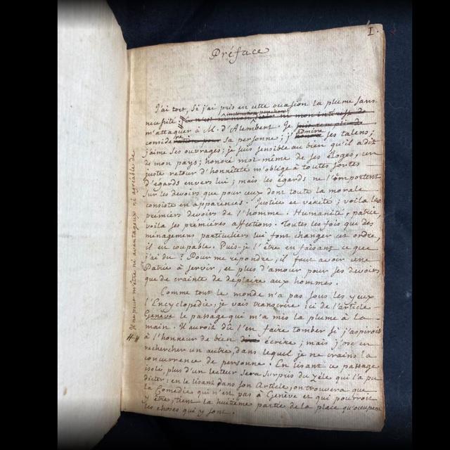 Le manuscrit de la "Lettre à d'Alembert sur son article Genève", datant de 1758. [Fondation Bodmer]