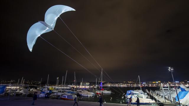 Dès vendredi et jusqu'au 6 février, le festival Geneva Lux revient avec 23 œuvres lumineuses au centre-ville de Genève, dont une douzaine de nouvelles installations. Cette année, l'accent est mis sur le pourtour de rade. [KEYSTONE - MARTIAL TREZZINI]